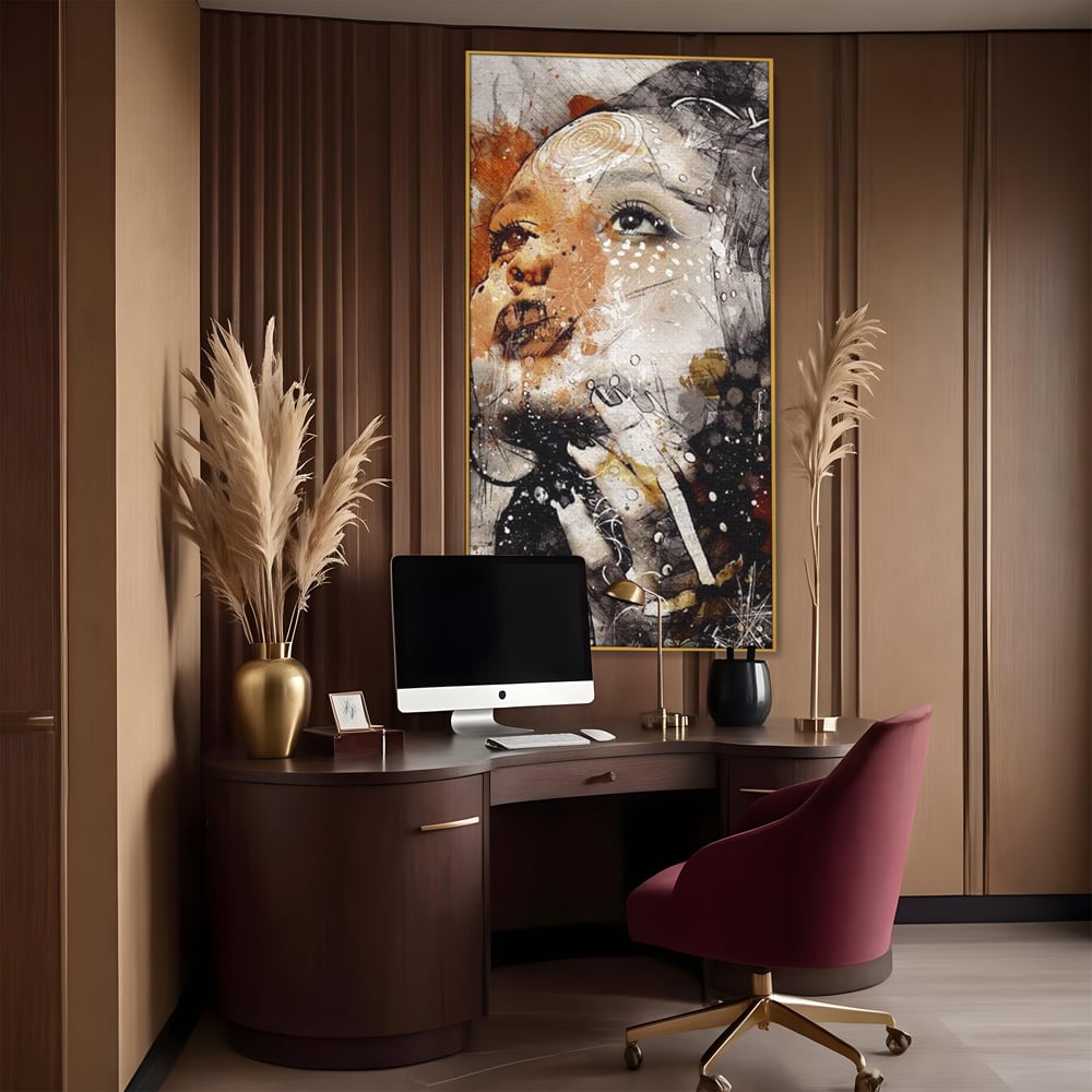 Tablou canvas cu tablou canvas cu portret abstract feminin, in rama de aluminiu auriu, pe perete intr-un birou